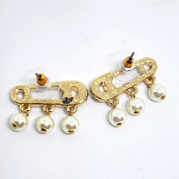 Betsey Johnson Diaper Pin Pearl and Rhinestone Accent Gold Pierced Earrings - Picture 7 of 11